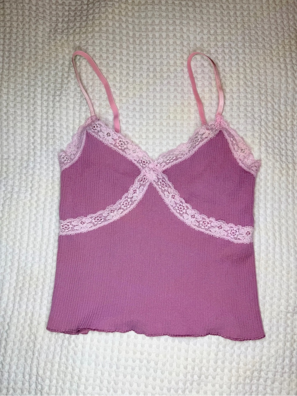 Urban Outfitters Pink Lace-Trim Ribbed Tank Top